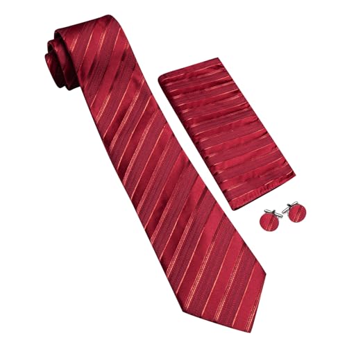 Image of Barry.Wang Man Stripe Ties Set Silk Woven Pocket Square Necktie Cufflinks Formal Party Business