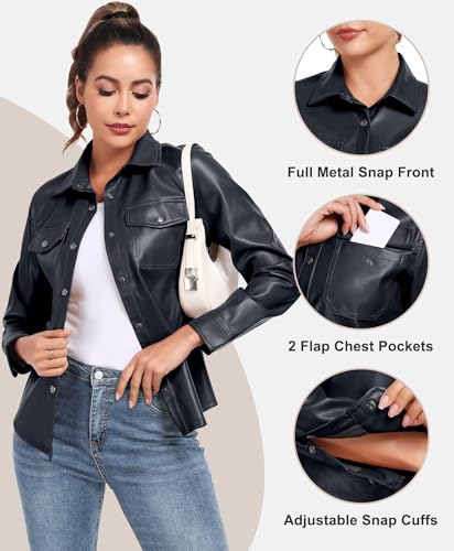 Little Donkey Andy Womens Faux Leather Jacket Bomber Stretch Slim Fit Classic Microfleece Lined Button down Motorcycle Biker3
