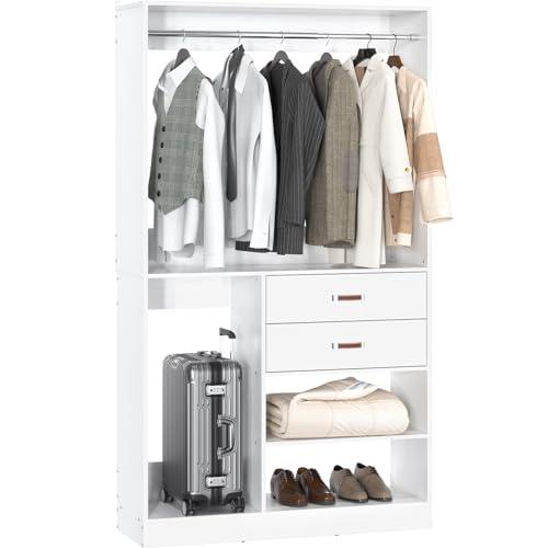 Armocity Freestanding Closet System with Suitcase Storage, 40 Inches Stand-Alone Wardrobe with 2 Wood Drawers, 80'' Height Adjustable Cloth Garment Rack, Walk-in Closet with Hanging Rod, White