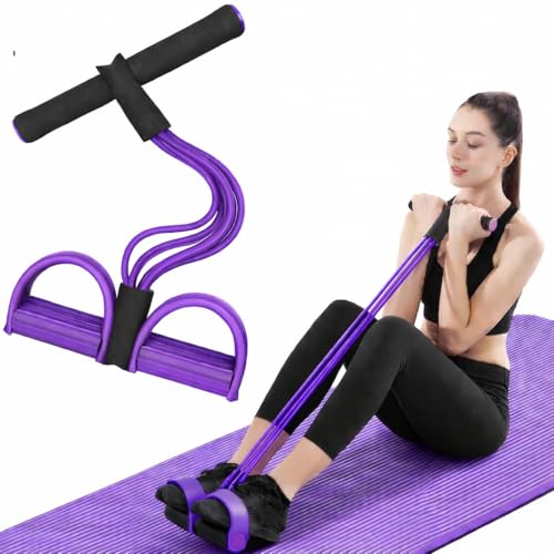 Image of RENRANRING Yoga Pedal Puller Resistance Band-4 Pull Reducer Tummy Training Foot Pedal Exercise Fitness Band, Body Building Stretching Band Men and Women (oll Purple)