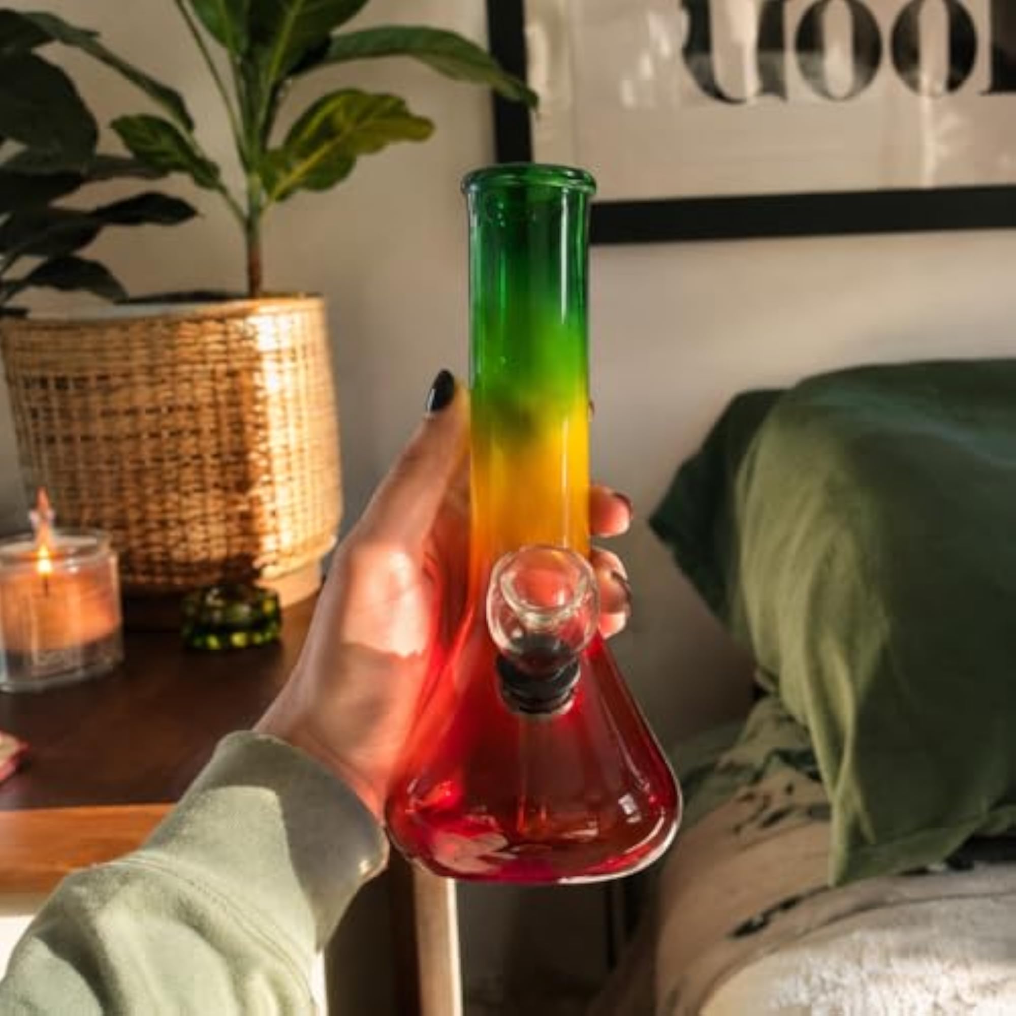 5 inch Glass Water Bong Set, Rasta Colour, Beaker Style