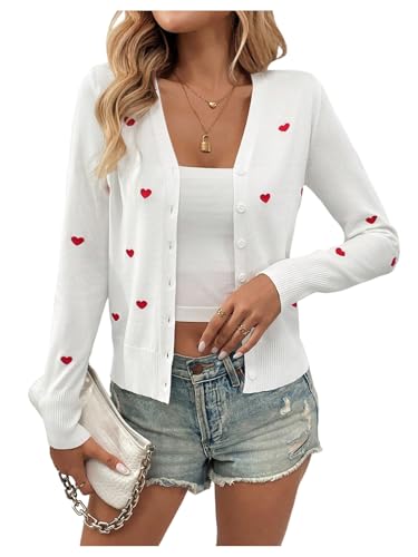 WDIRARA Women's Heart Pattern Button Down Cardigan Lightweight Sweater Long Sleeve V Neck Knitwear