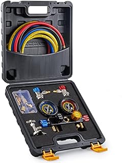 Orion Motor Tech 4 Way AC Gauge Set, AC Manifold Gauge Set for R410a R22 R134a Refrigerant, 4 Valve Automotive AC Gauges with 5ft Hoses, R410a Adapters, Can Tap