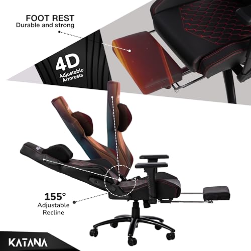 KATANA KT-04 Ergonomic Gaming & Office Chair | Multi-Functional with 4D Adjustable Armrests, Premium PU Leather, Neck Pillow & Retractable Footrest... - Image 6