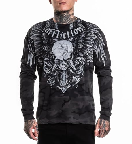Affliction Men's Long Sleeve T-Shirt, Skull Wing Design, Graphic Print