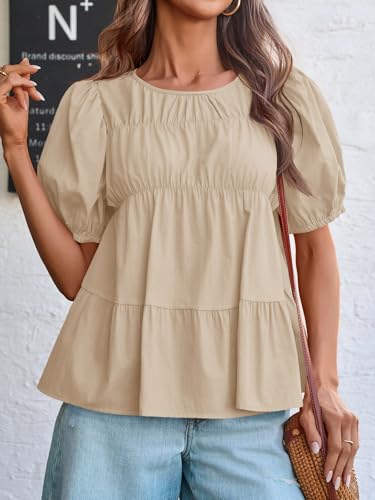 Image of Tankaneo Womens Puff Sleeve Peplum Babydoll Tops Summer Flowy Pleated Cotton T-Shirts Casual Loose Fit Cute Blouse