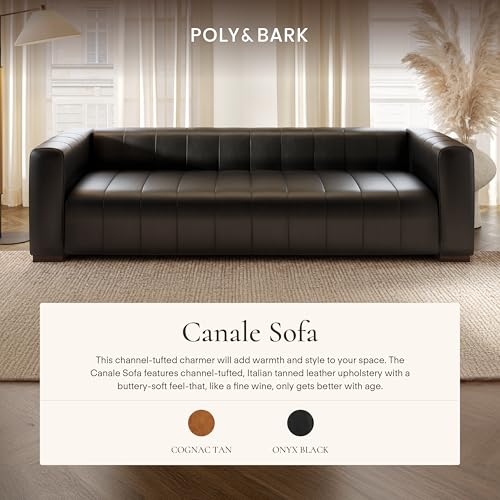 Image of Poly & Bark Canale 86 inch Sofa - Onyx Black Italian Leather, Channel-Tufted, Semi-Aniline Upholstery, Solid Wood Frame & Legs
