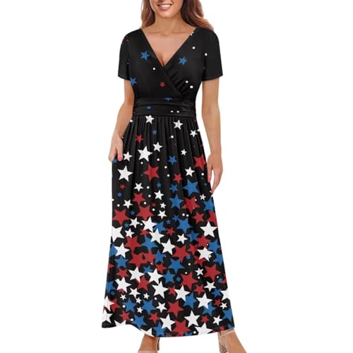 Image of Women's Fall Summer Short Sleeve Ankle Length V-Neck Party Dress with Pockets Size S-3XL