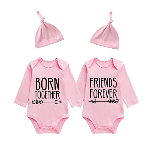 Image of YSCULBUTOL 2-Pack Baby Twins Bodysuits Born Together Friends Forever Long Sleeves Infant Twin Unisex Romper Outfits