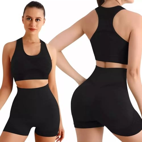 Top Short Conjunto Academia Fitness Levanta Bumbum Esportivo Feminino Short e Top Cós Alta (Preto, P