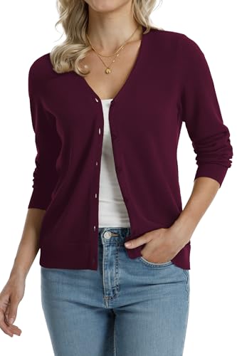 Image of QUALFORT Women's 100% Cotton Lightweight Cardigans Long Sleeve Knitted Button Down Sweater