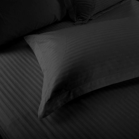 Image of YKC Glace Cotton Satin Striped Plain Color King Size Bedsheet for Double Bed with Two Pillow Covers (Black - 90 x 100 Inch)