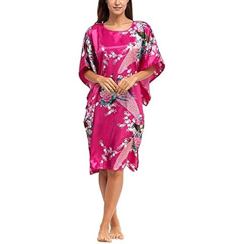 Cliont Women's Batwing Sleeve Kimono Robes Pullover Peacock and Blossoms Satin Nightwear Nightgown Rose Red Cover