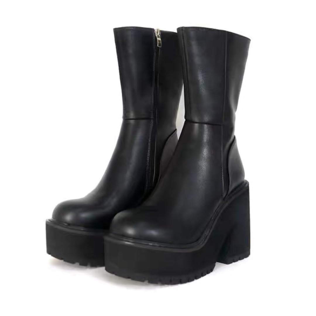 Women Wedge Heel Ankle Boots Mid Calf Work Combat Boots Side Zipper Round Toe Thick Heeled Punk Boots