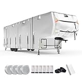 FRUNO Oxford Fabric 5th Wheel RV Cover Fits 37'-41' Waterproof Rip-Resistant Anti-UV Fifth Wheel Toy Hauler Camper Cover for Winter Snow with 4 Tire Covers and Gutter Covers