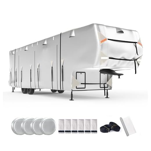 FRUNO Oxford Fabric 5th Wheel RV Cover Fits 37'-41' Waterproof Rip-Resistant Anti-UV Fifth Wheel Toy Hauler Camper Cover for Winter Snow with 4 Tire Covers and Gutter Covers