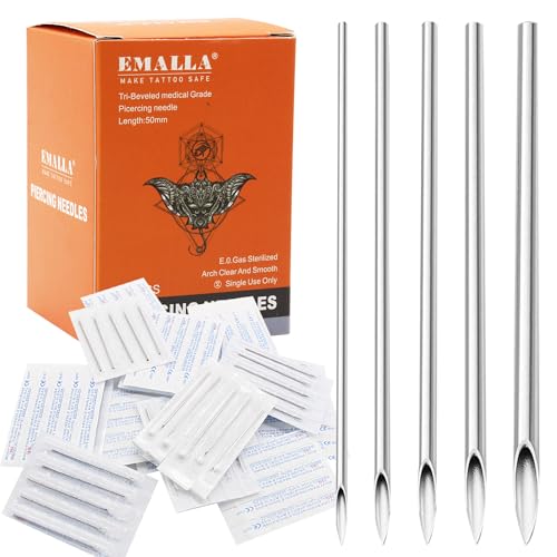 Romlon Ear Nose Piercing Tools - 50Pcs Mixed 12G 14G 16G 18G 20G Stainless Steel Piercing Kit for Ear Nose Navel Belly Nipple Tongue
