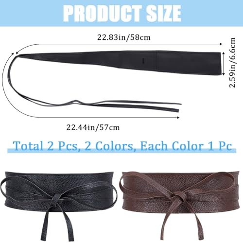 CRASPIRE 2 Colors Obi Style Waist Belt 224.6cm Imitation Faux Leather PU Black Coffee Corset Cinch Tie Wide Waist band Retro Vintage Boho Obi Style Cinch Waistband Belt for Women Dress Sweater Coat2