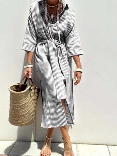 Image of chouyatou Women's Summer 3 /4 Sleeve Striped Shirt Dress Belted Maxi Long Casual Button Down Beach Dress