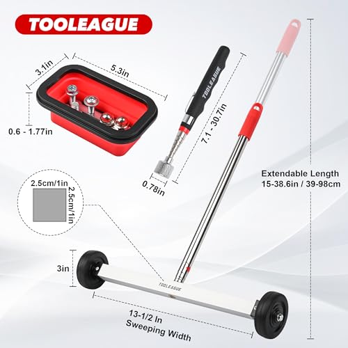 Image of TOOLEAGUE 17 inch Rolling Magnetic Sweeper with Wheels,Telescoping Adjustable Handle,10Lb Capacity Magnet Roller,Magnetic Foldable Tray,15Lb Pickup Pen,3Pcs Magnet Sweeper Set