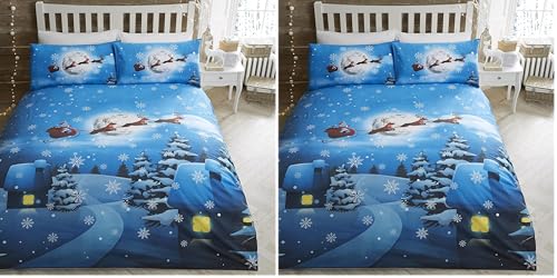 Bedlam - Housse de Couette Père Noël en Traîneau - Lit Simple (140 x 200 cm) - Literie Phosphorescente - 1 Taie d'oreiller - Sapin et Neige - Décorations...
