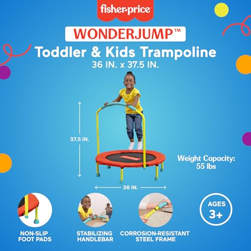 Image of Fisher-Price 3-Foot Mini Trampoline, WonderJump 36-Inch Round Indoor Toddler Kids Trampoline with Stabilizing Handlebar