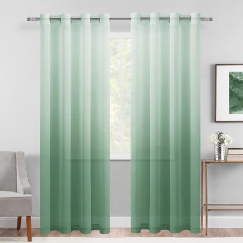 DWCN Sage Green Ombre Sheer Curtains 96 Inch Long for Bedroom 2 Panels Set