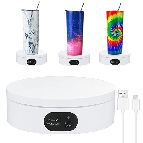 Uslinsky Exhibition Stand For Sublimation Tumbler, 360° Automatic Mute Rotating Revolving Platform 12Oz, 20Oz&50Oz Heat Press Blanks Tumblers Skinny Straight, Cup(White), White-01 (Zt-001) #TOP20