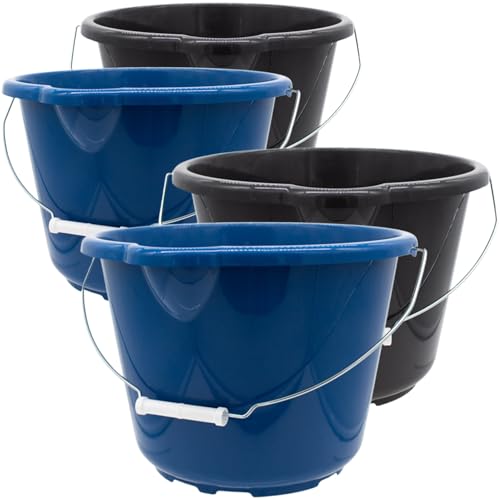 Sustania Juego de 4 cubos multiusos de plástico de 12 l con boquilla y ayuda de transporte, color azul/antracita con escala de medición, fabricado en la UE