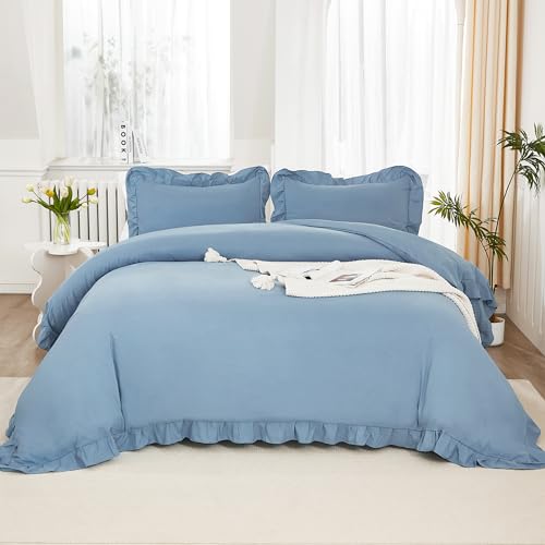 Image of Litanika Grayish Blue Full Size Comforter Sets, 3 Pieces Ruffle Farmhouse Aesthetic Bedding Comforter Sets, All Season Soft Lightweight Fluffy Microfiber Bed Set(79x90In Comforter, 2 Pillowcases)