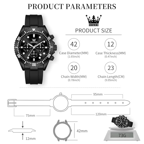 Image of OLEVS Men's Watches Sport Chronograph Analog Quartz Watch for Men with Date Waterproof Dress Casual Fashion Watch Soft Silicone Rubber Strap Band, Unidirectional Bezel & 42mm Big Face