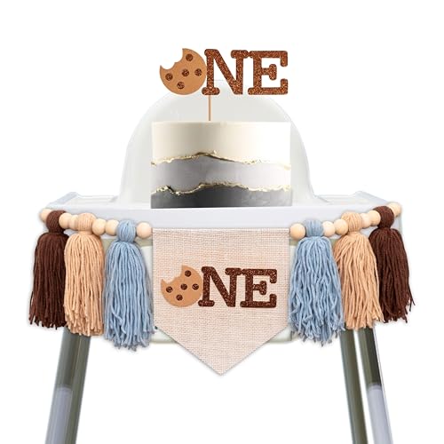 GIOGUK Cookies First Birthday High Chair Banner Cake Topper Set - Sweet Cookie Theme 1st Birthday Party Decoration Supplies Highchair Tassel Banners And Cake Topper, Cookie Sign Anniversary Milestone Celebration Supplies