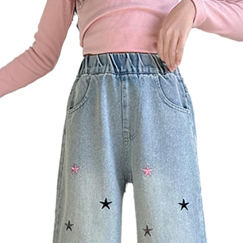 Tween Girls Star Embroidered Wide Leg Jeans Casual Elastic Waist Denim Pants with Back Pockets Kids Baggy Jeans2