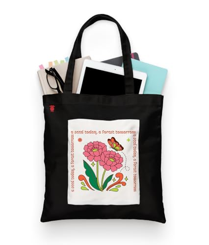 Image of ZORI Black Tote Bag With Pocket Printed Designed Canvas Tote Bags For Women large capacity,Tote bag For Shopping, College, Travel, More Canvas Handbag For Unisex Bag