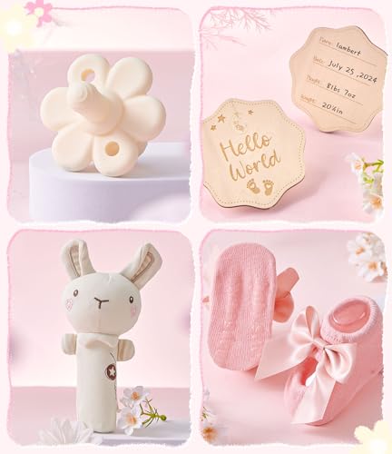 Image of Golray Baby Shower Gifts for Girls, Baby Girl Gifts Baskets with Rattle, Blanket /Bodysuit Set, New Born Essential Stuff, Gender Reveal Ideas Infant New Born Baby Girls Gift Basket