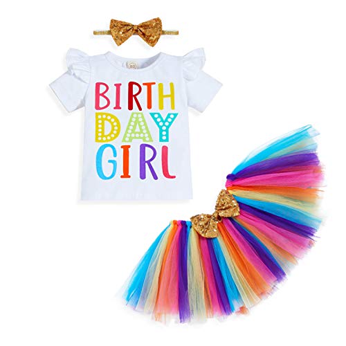 Baby Girls Birthday Outfits Kids Rainbow Tutu Skirt+Ruffle T-Shirt+ Bow Headband 3pcs Clothes (Blue, 3T)