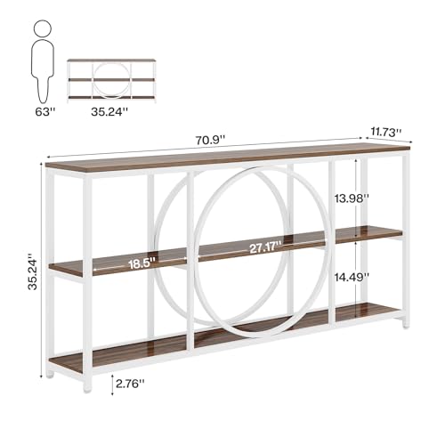 Tribesigns 70.9 inch Sofa Console Table, Extra Long Narrow Entryway Tables with 3 Tier Wood Storage Shelves Industrial Metal Frame for Foyer Hallway Living Room Behind Couch, White Walnut