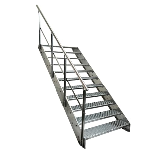 Kaminbau Mierzwa Escalier en acier de qualité supérieure avec garde-corps gauche entièrement galvanisé / 11 marches (largeur 800 mm) (hauteur 209 cm), résistant aux intempéries, pour le jardin