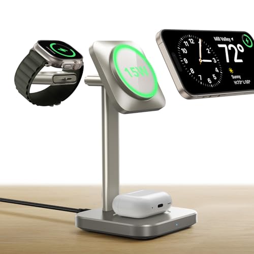 Image of ESR 3 in 1 Wireless Charging Station, [Certified] Apple Watch Charger & 15W MagSafe Charger Stand for iPhone, Wireless Charger for Multiple Devices iPhone 17-12&Watch&AirPods,Natural Titanium