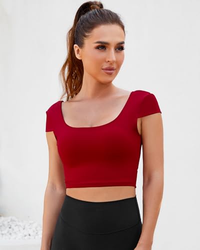 Image of DaiLiWei Open Back Workout Tops for Women Short Sleeve Longline Sports Bras Support Crop Tank Yoga Shirts with Built in Bra