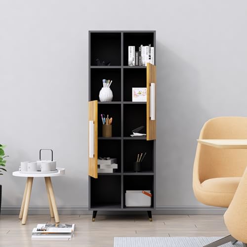 Image of Bniture Bookshelf for Home | Engineered Wood Book Shelf with 2 Door & 6 Shelf | Open Book Shelf Stand for Library | Multipurpose Display Organizer for Living Room & Study | Slate Grey & Giant Wood