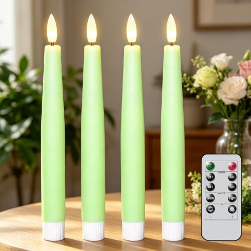 Image of Spring Green LED Taper Candles Battery Operated Remote, 4 Pack | Real Wax 3D Flickering Flame, 0.78 inch x 8.1 inch, Fits Holders, 2 /4 /6 /8H Timer, Spring Green Candlesticks for Party Decor