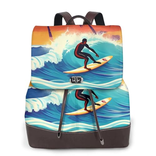 Sac à dos en cuir imprimé surfeur élégant pour voyage et ordinateur