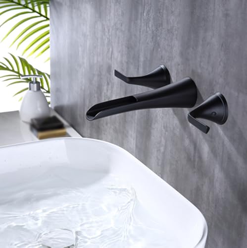 Robinet de lavabo encastré noir MOCHAMIK à cascade murale 3 trous pour eau chaude et froide