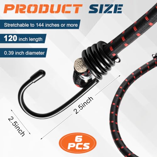 Image of Extra Long Bungee Cords with Hooks 0.39 Inch Thick Heavy Duty Bungee Straps for Outdoors, Camping, Rvs, Bikes, Cargo (Black+red,120 Inch,6 Pcs)