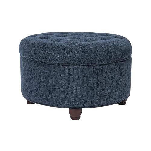 Image of Homepop Home Decor | Large Button Tufted Woven Round Storage Ottoman for Living Room & Bedroom (Navy Woven) 25 inch D x 25 inch W x 15 inch H