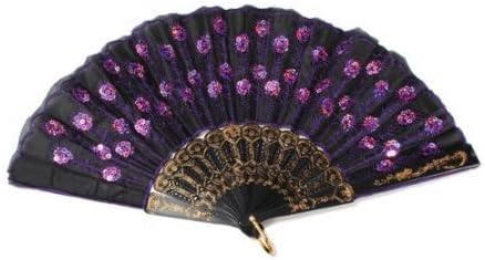 Liroyal Peacock Pattern Sequin Fabric Hand Fan Decorative Fashionable (Purple)
