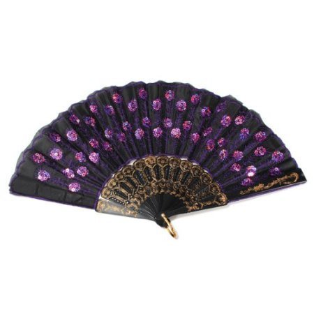 Liroyal Peacock Pattern Sequin Fabric Hand Fan Decorative Fashionable (Purple)