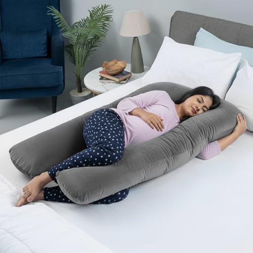 Image of BabyPro U-Shaped Pregnancy Pillow with Silky Cooling Velvet Cover, Grey | Full Body Pillow for Back Pain, Head, Belly, Hips & Knees, Soft Cushion