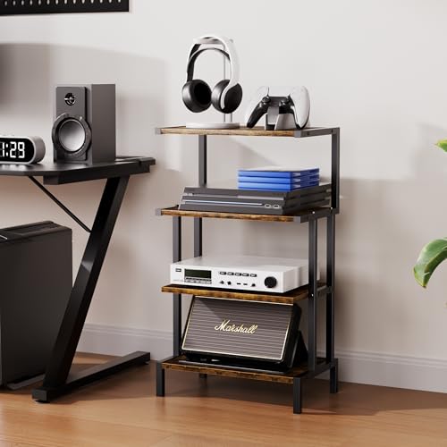 4 Tier Corner AV Media Stand, Stereo Rack, Video Game Console Stand for Living Room Gaming Room Music Studio, Rustic Brown - Image 3